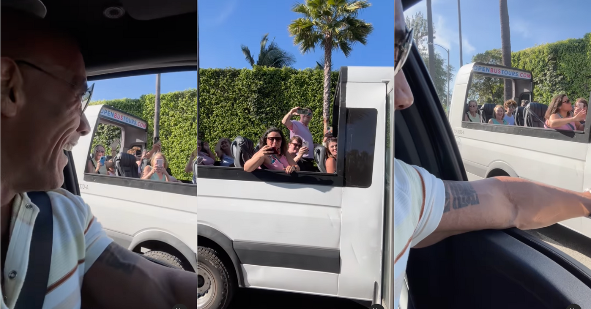 Instagram screenshots of The Rock gretting fans on a celebrity tour bus