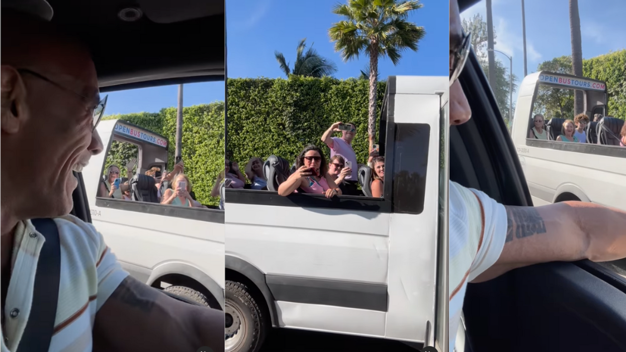 Instagram screenshots of The Rock gretting fans on a celebrity tour bus