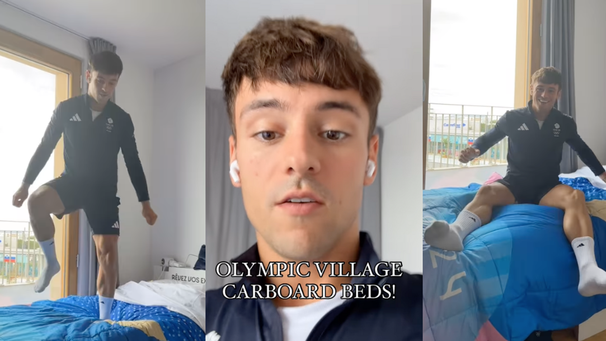Instagram screenshots of Tom Daley and cardboard bed