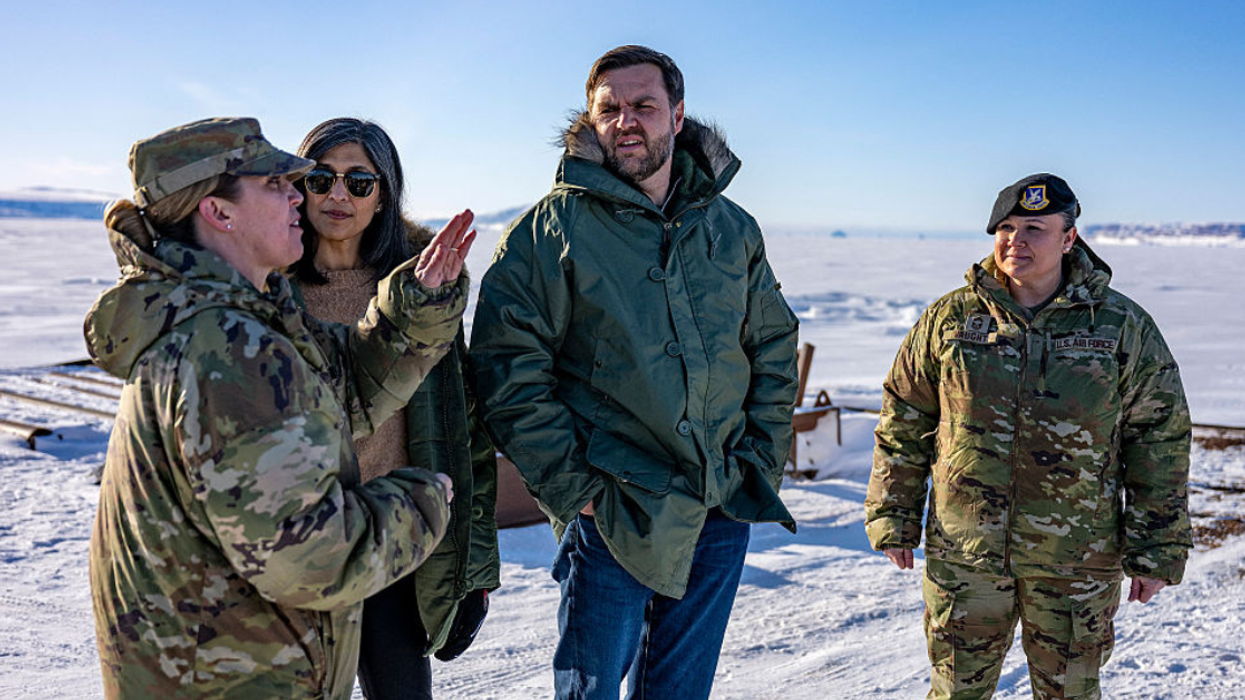 J.D. Vance and Usha Vance listen to Susan Meyers during his Greenland visit