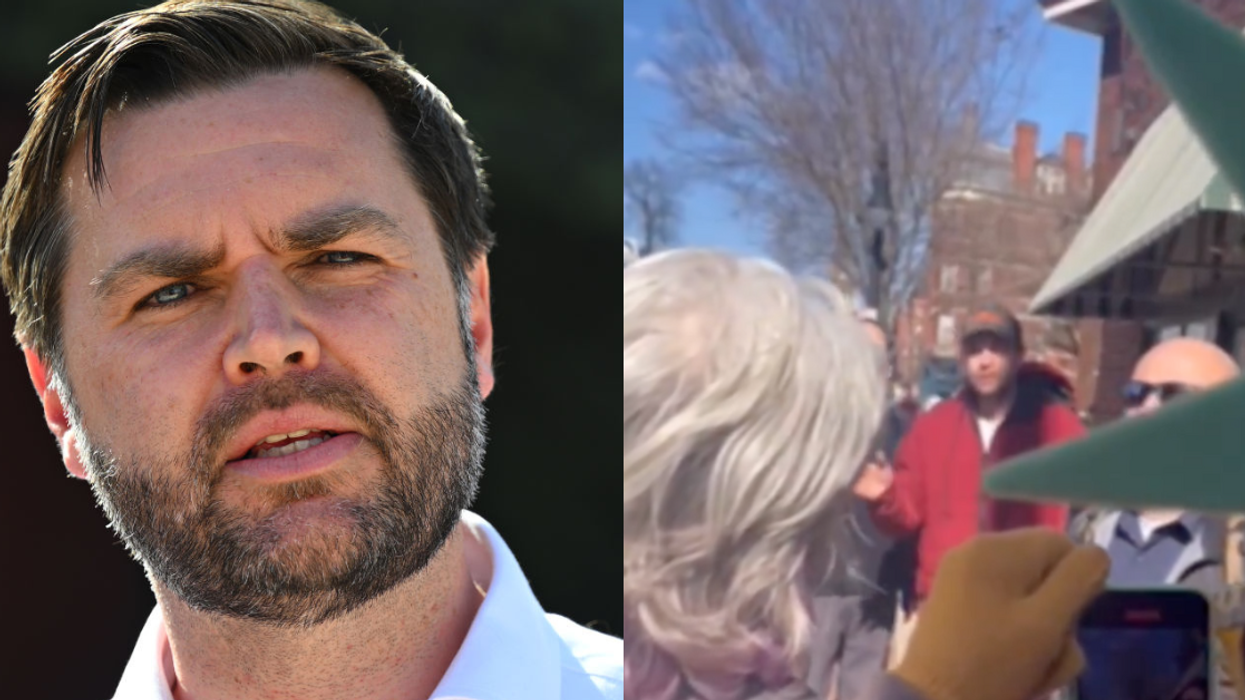J.D. Vance; screenshot of J.D. Vance greeted by protesters