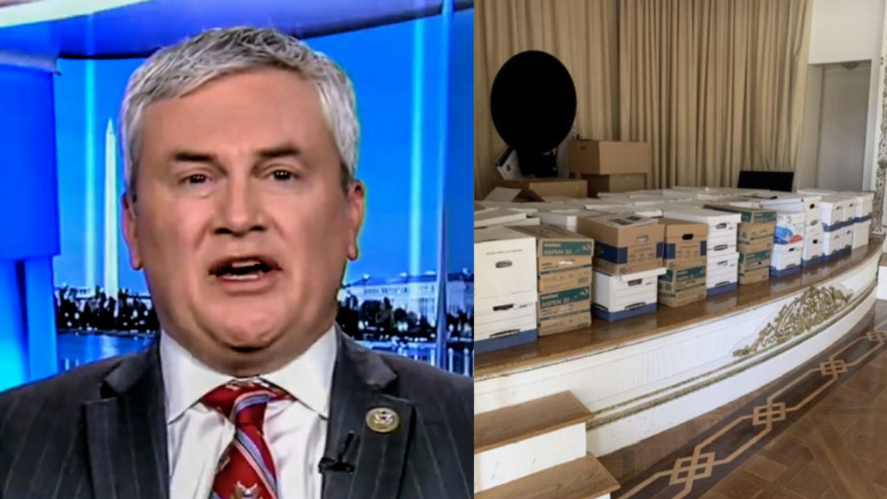 James Comer; government documents piled on a stage in a Mar-a-Lago ballroom