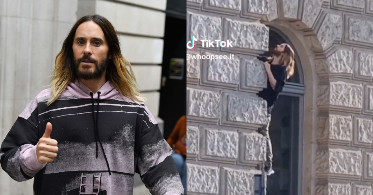 Jared Leto; TikTok screenshot of Jared Leto climbing wall