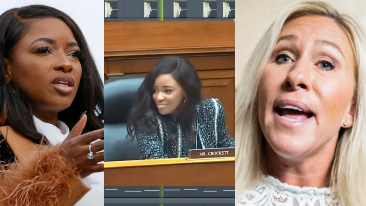 Jasmine Crockett; Screenshot from music video featuring Crockett; Marjorie Taylor Greene