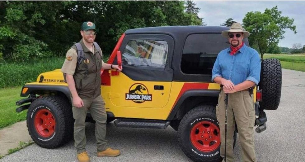 Jason Heitland and Ben Marlette dressed up as Jurassic Park characters