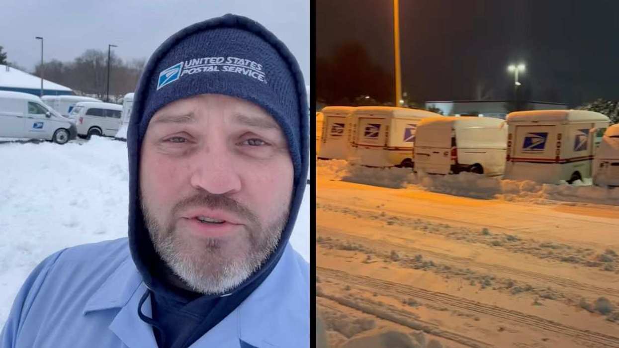 Jason Thompson appears in screenshots from his Facebook post showing himself at a snow-covered USPS facility.