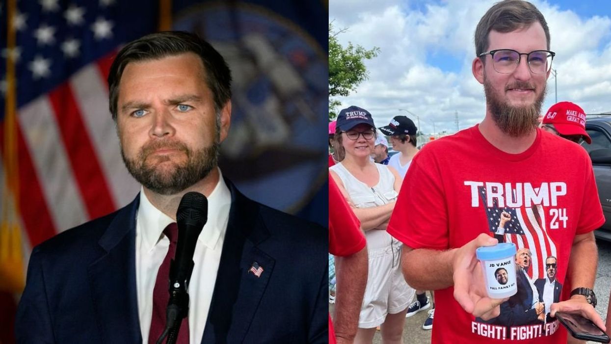 JD Vance; Trump voter carrying JD Vance semen cup