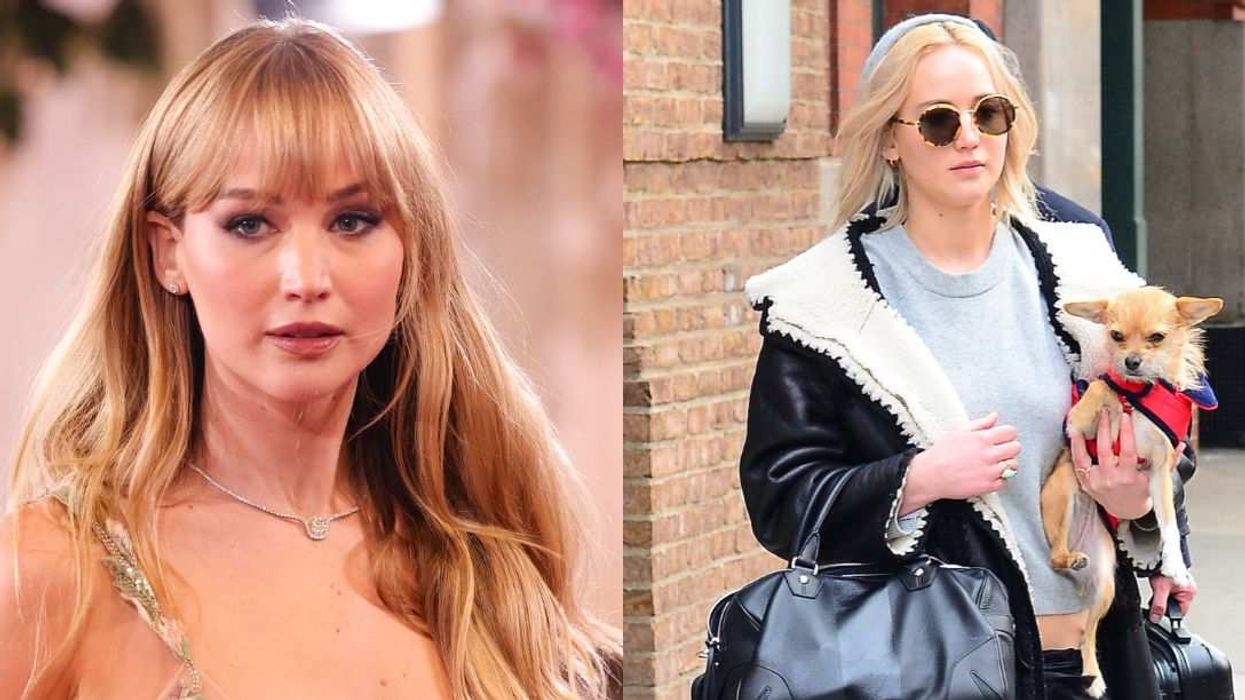 Jennifer Lawrence (left) appears at the 83rd Golden Globe Awards ceremony and is seen in New York City in 2026 (right) carrying her dog, Princess Pippi Longstocking.