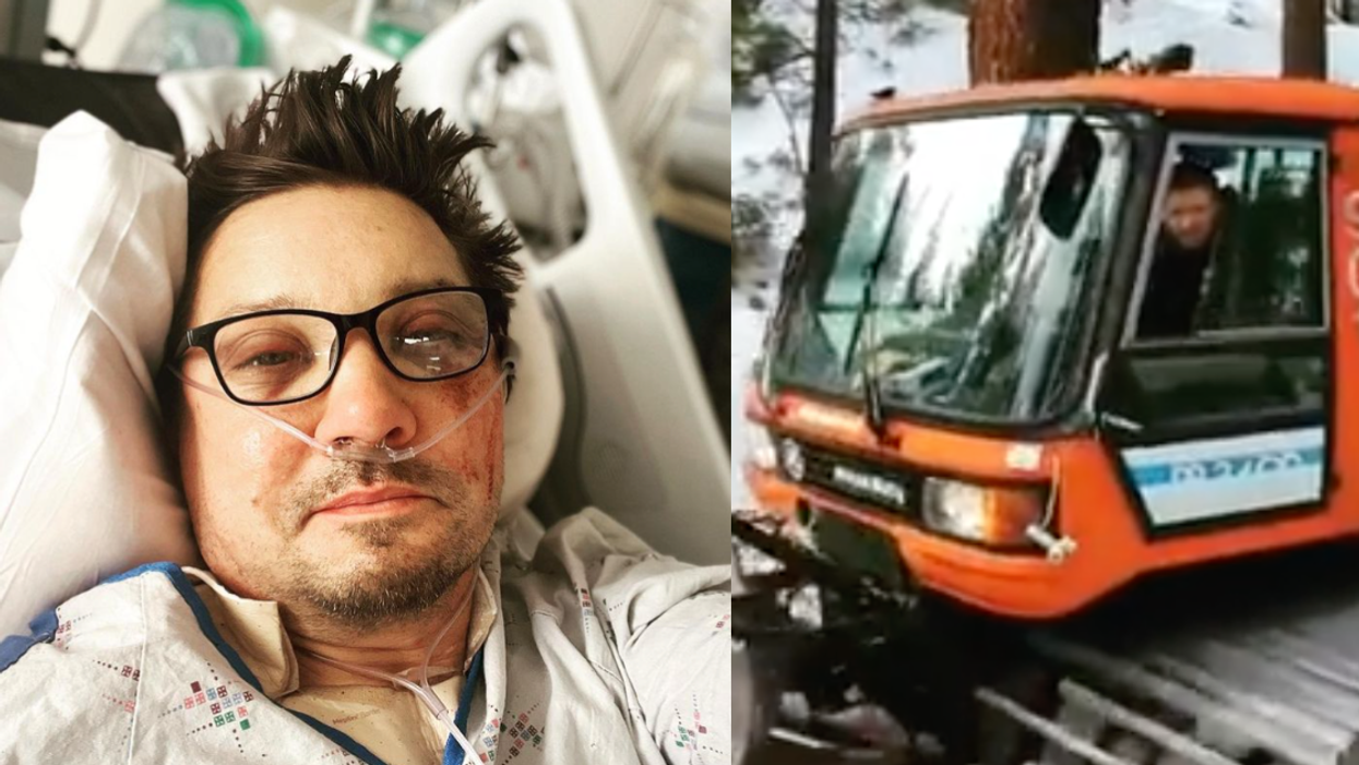 Jeremy Renner in the hospital; screenshot of Jeremy Renner driving snow plow