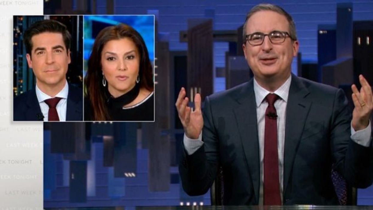 Jesse Watters and Rachel Campos-Duffy of Fox News inset in screenshot of John Oliver from Last Week Tonight With John Oliver