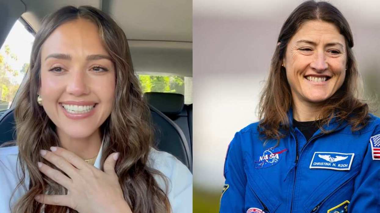 Jessica Alba (left) reacts emotionally to astronaut Christina Koch (right) requesting Honest Company lotion during the Artemis II mission.