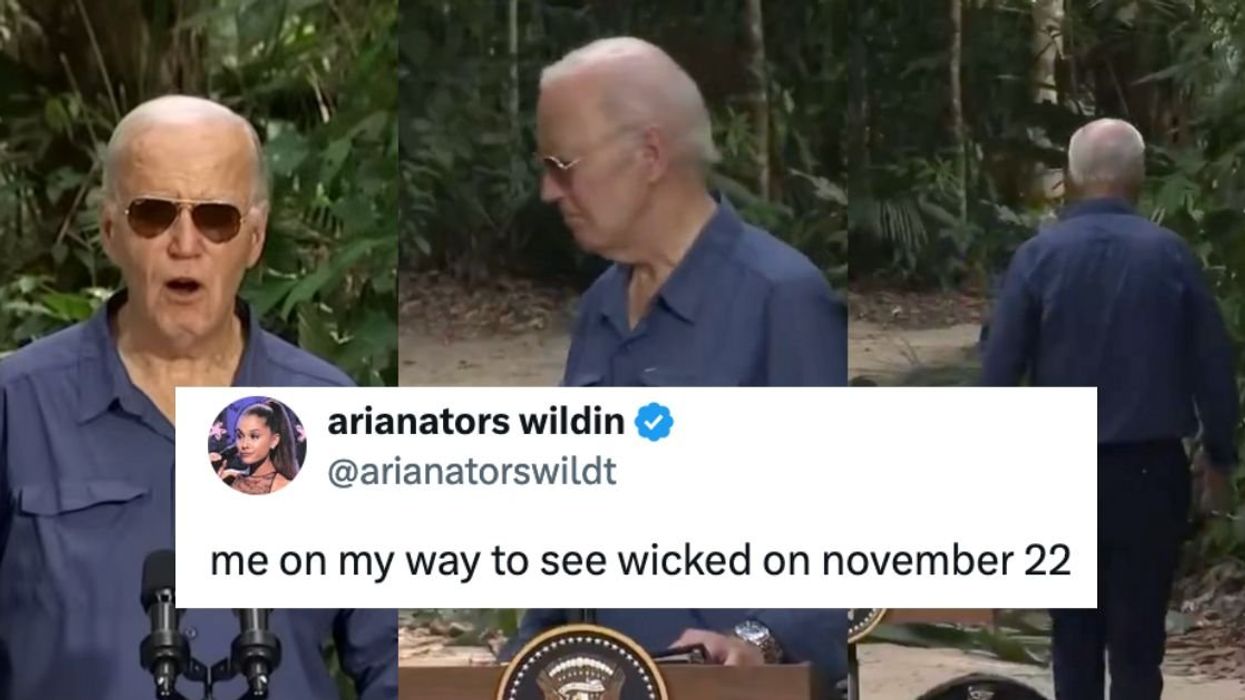 Joe Biden in Amazon rainforest with overlaying tweet that reads, 'me on my way to see wicked on november 22'