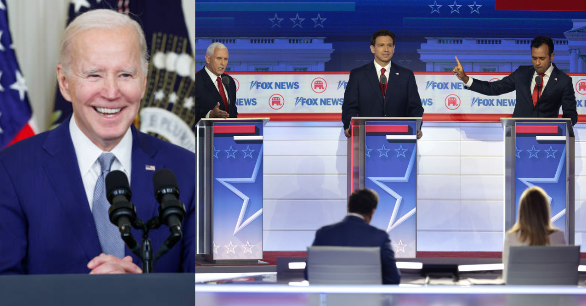 Joe Biden; Mike Pence, Ron DeSantis and Vivek Ramaswamy at the GOP presidential debate