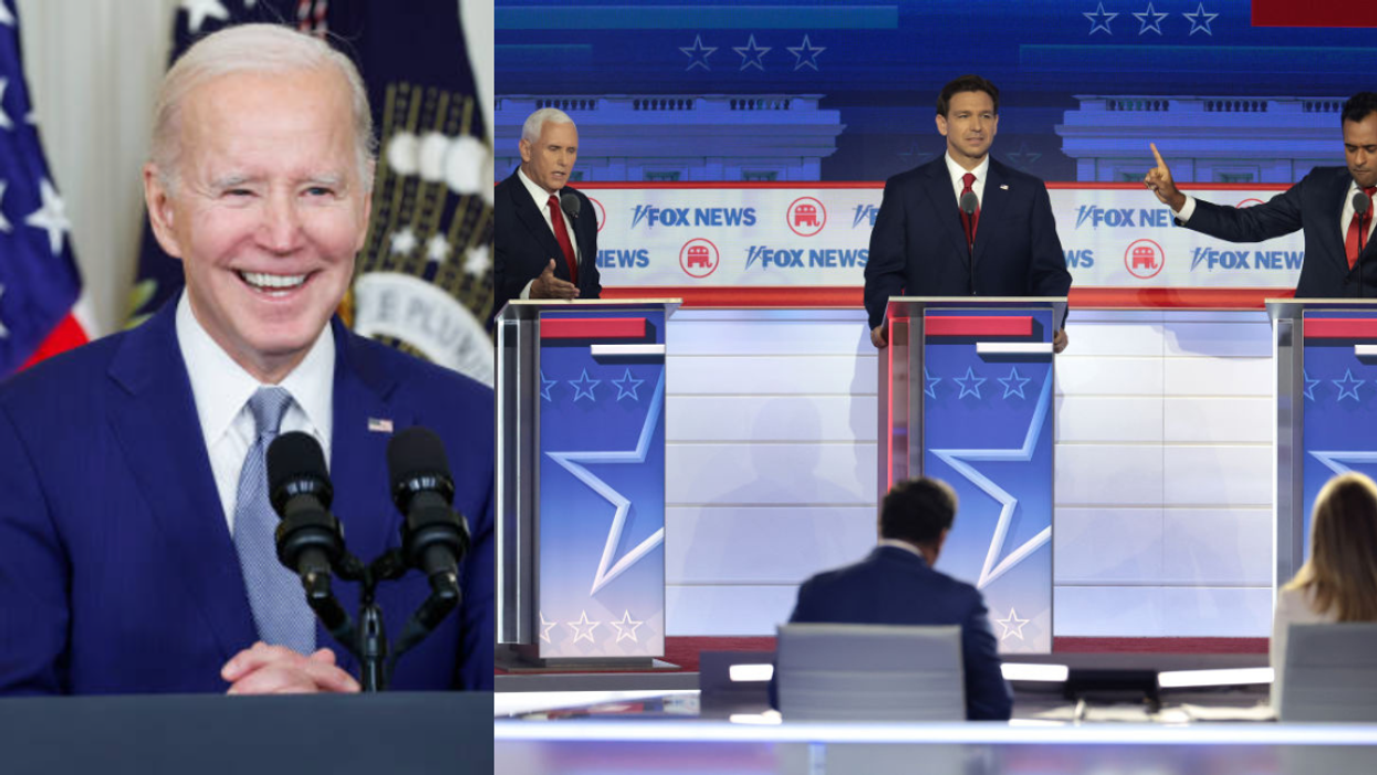 Joe Biden; Mike Pence, Ron DeSantis and Vivek Ramaswamy at the GOP presidential debate