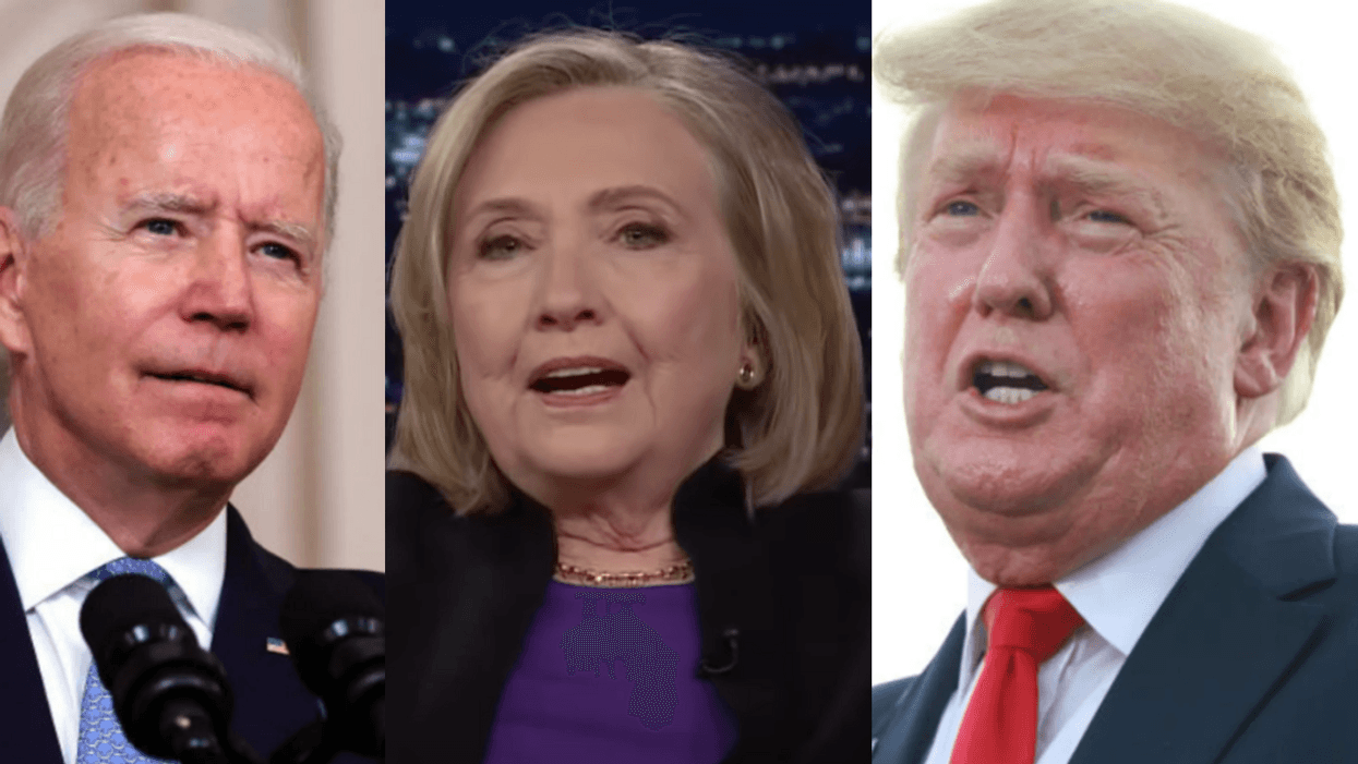 Joe Biden; Screenshot of Hillary Clinton; Donald Trump