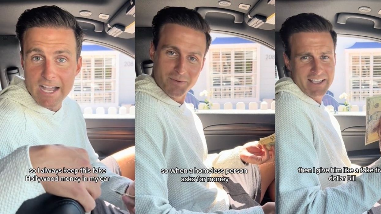 John McEntee showing off fake cash he says he gives unhoused people