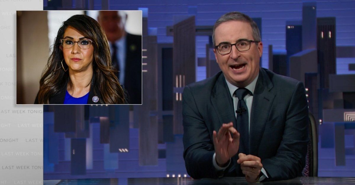 John Oliver on Last Week Tonight with inset of Lauren Boebert