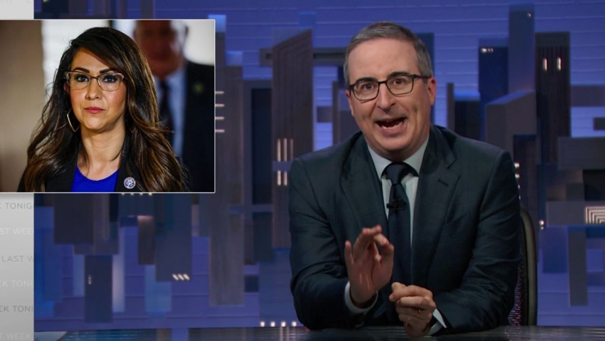 John Oliver on Last Week Tonight with inset of Lauren Boebert