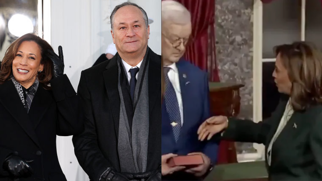 Kamala Harris and Doug Emhoff; Screenshot of Bruce Fischer and Kamala Harris