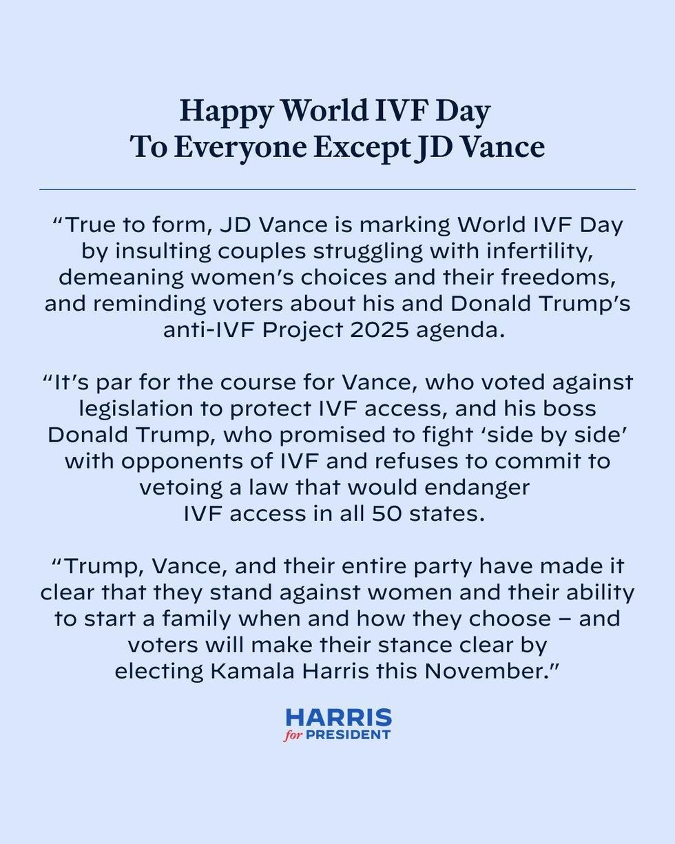 Kamala Harris campaign's World IVF Day press release attacking J.D. Vance