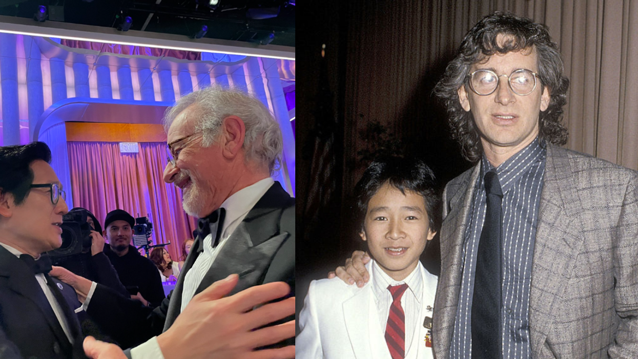 Ke Huy Quan and Steven Spielberg at Golden Globes; Ke Huy Quan and Steven Spielberg in 1985