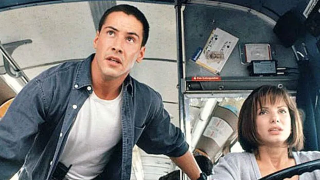 Keanu Reeves and Sandra Bullock from the movie, "Speed"
