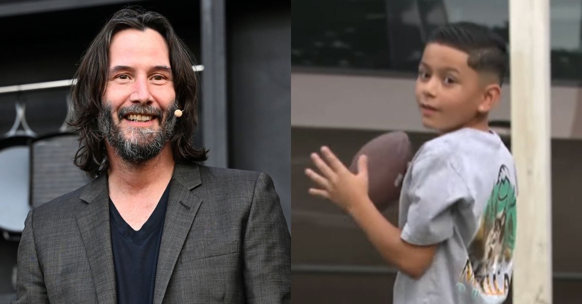 Keanu Reeves; young fan holding a football
