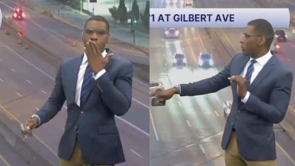 KJ Jacobs reacts after witnessing a car accident unfold during a live traffic report.