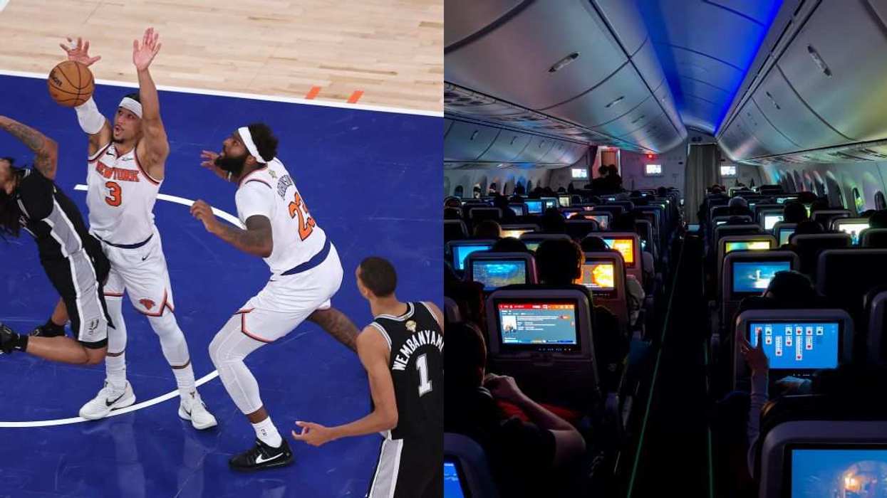 Knicks vs Spurs; People watching TV on a plane