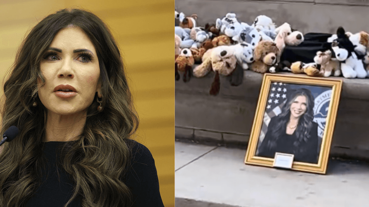 Kristi Noem; Kristi Noem's portrait and stuffed dogs at Cricket memorial