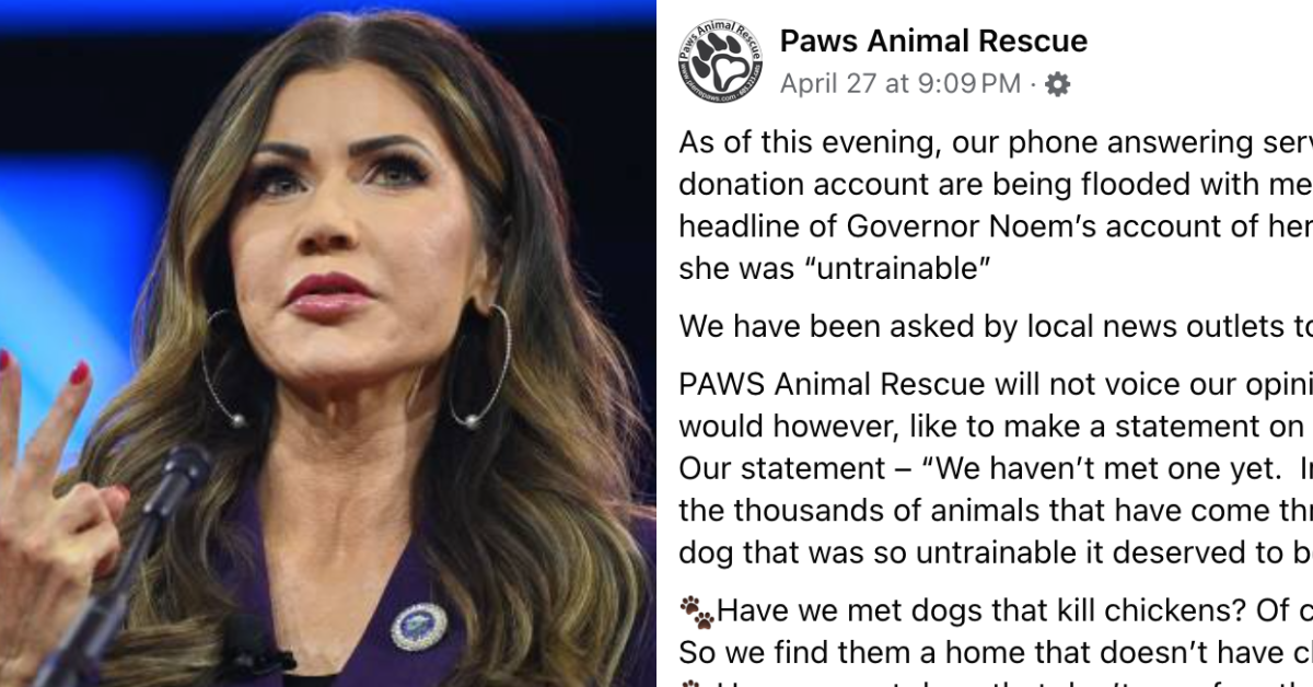 Kristi Noem; Screenshot of post from Paws Animal Rescue