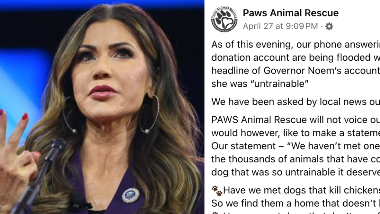 Kristi Noem; Screenshot of post from Paws Animal Rescue