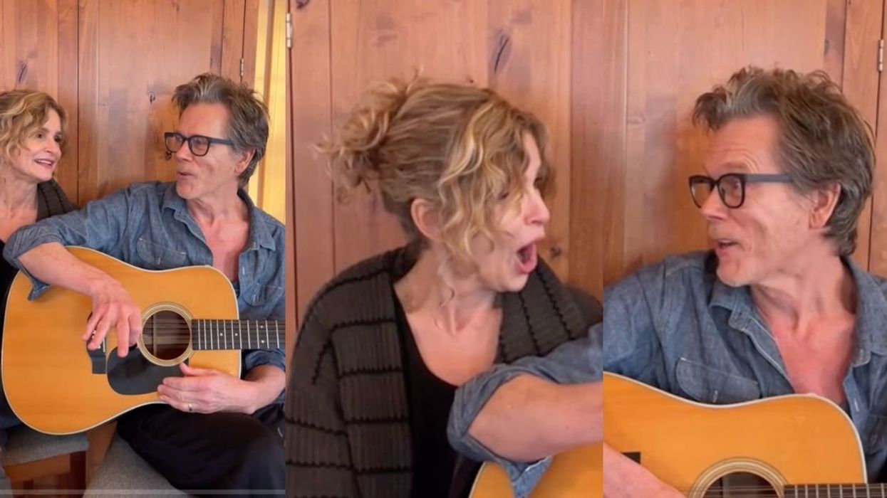 Kyra Sedgwick and Kevin Bacon on accoustic guitar