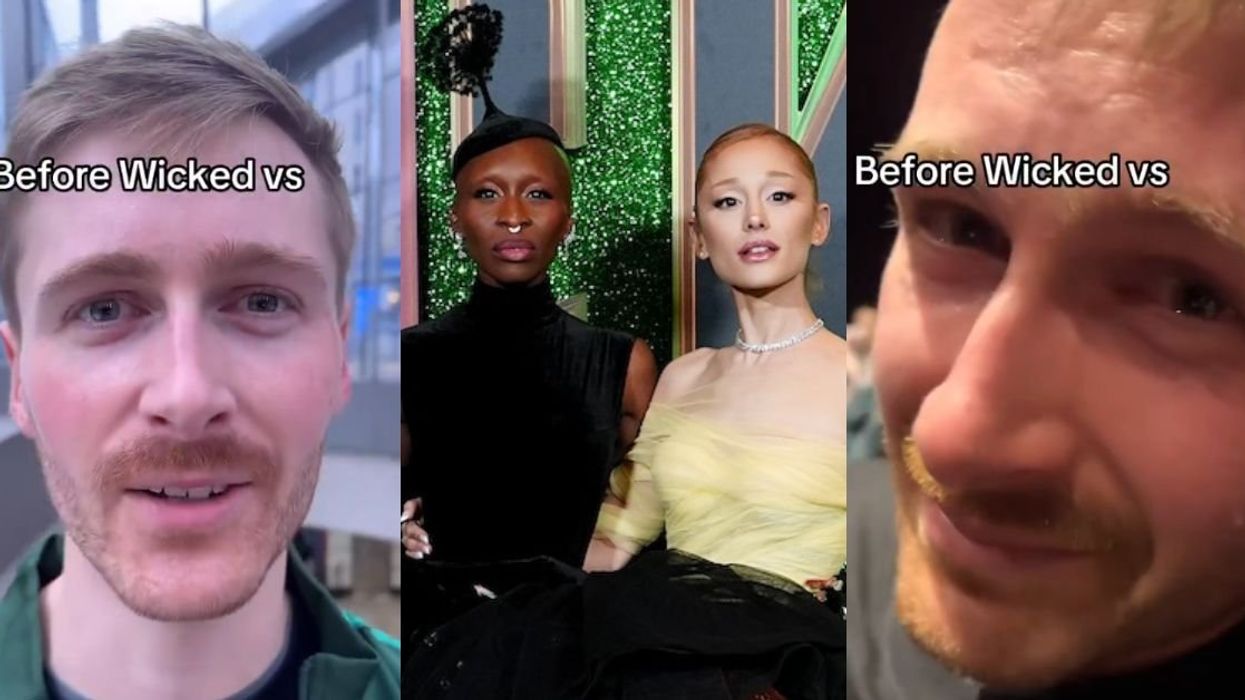 (L) Fred Asquith; (M) Cynthia Erivo and Ariana Grande; (R) Teary Fred Asquith