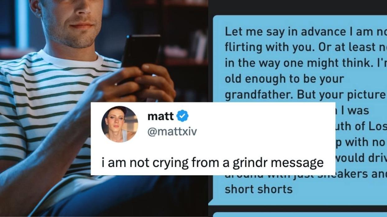 (L) Man looking at smartphone; (R) Grindr message; Overlaying tweet: "I am not crying from a grindr message."