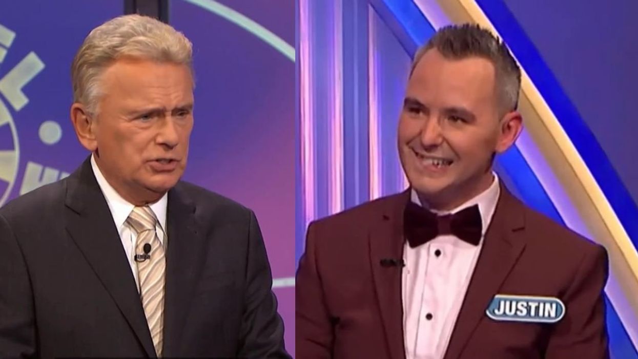 (L) Pat Sajak; (R) Contestant, Justin