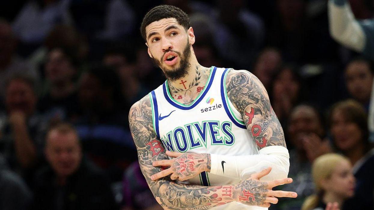 LaMelo Ball #1 of the Minnesota Timberwolves celebrates a three-point basket against the Detroit Pistons.