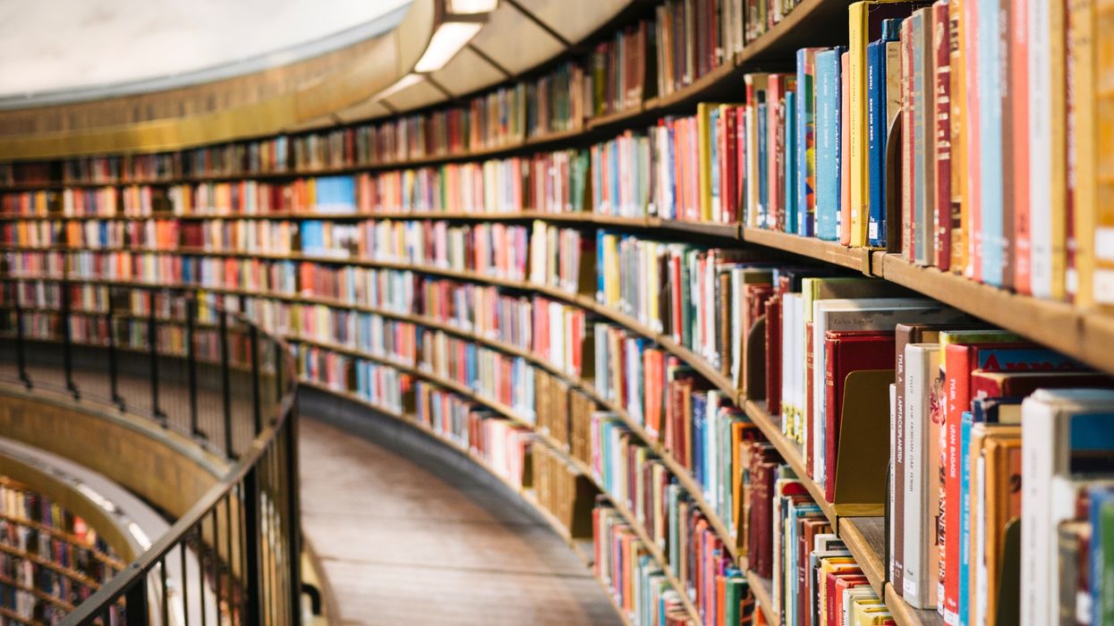 Large wall of books at library