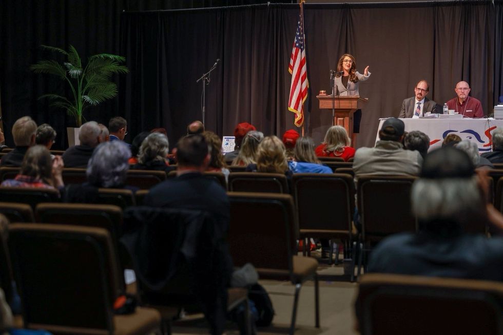 Lauren Boebert speaking to attendees at recent campaign event