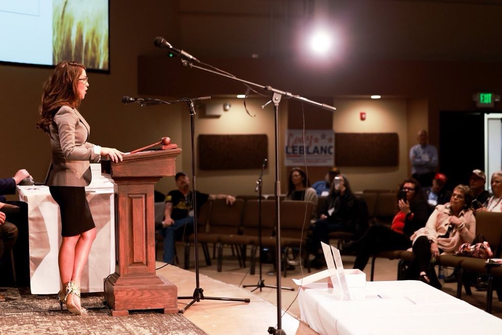 Lauren Boebert speaking to attendees at recent campaign event