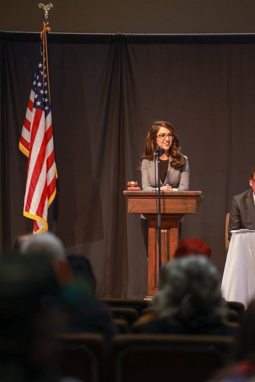 Lauren Boebert speaking to attendees at recent campaign event