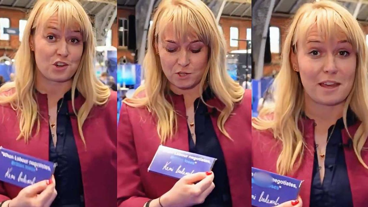 LBC News Natasha Clark holding Conservative Party chocolate bar