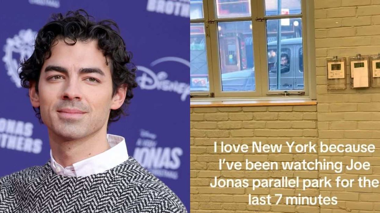 Left: Joe Jonas at a recent Disney+ event; Right: the viral TikTok screenshot showing him attempting to parallel park in NYC.