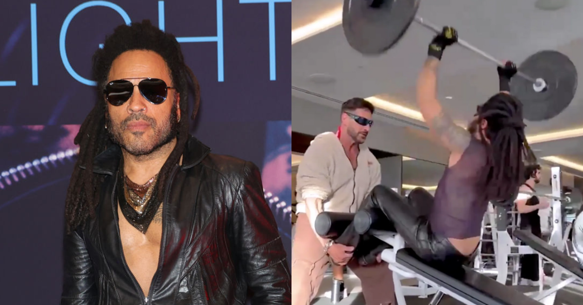 Lenny Kravitz; X screenshot of Kravitz working out in leather pants