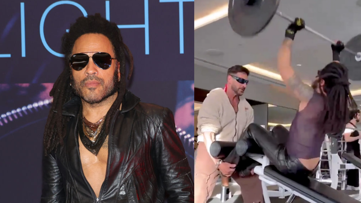 Lenny Kravitz; X screenshot of Kravitz working out in leather pants