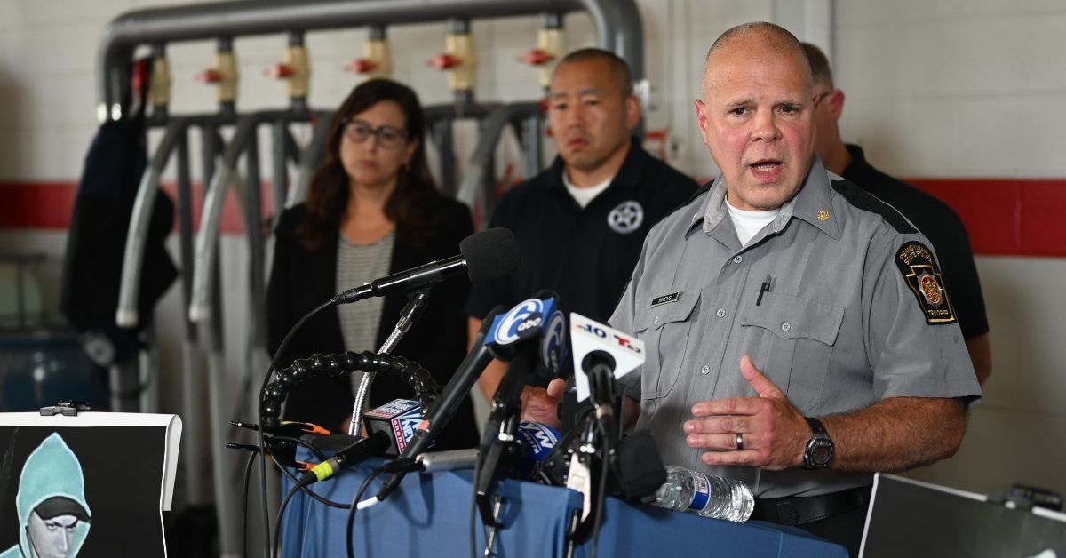 Lietuenant Colonel George Bivans of Pennsylvania State Police holding a press conference