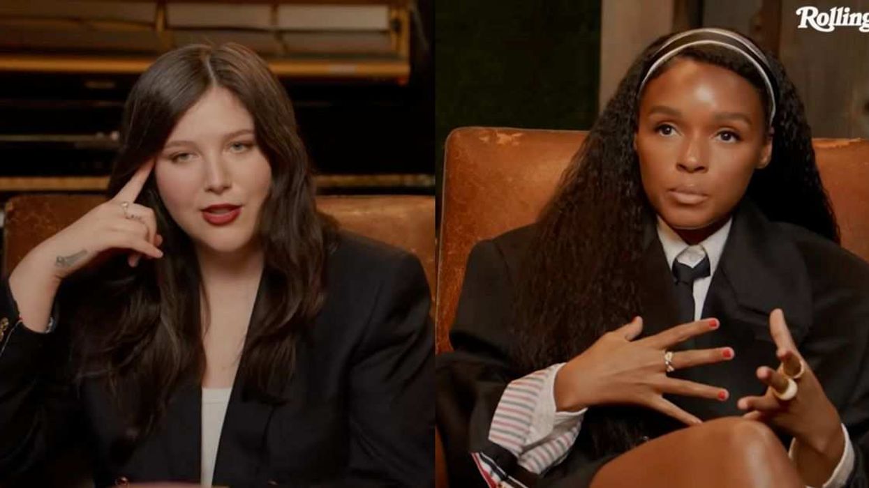 Lucy Dacus (L) reacts to Janelle Monáe's (R) time travel story
