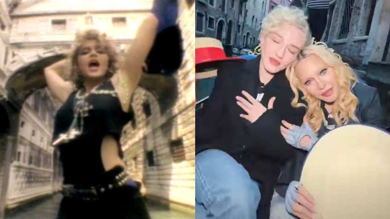 Madonna (right) and Julia Garner revisit the singer’s iconic Venice gondola scene from "Like a Virgin."