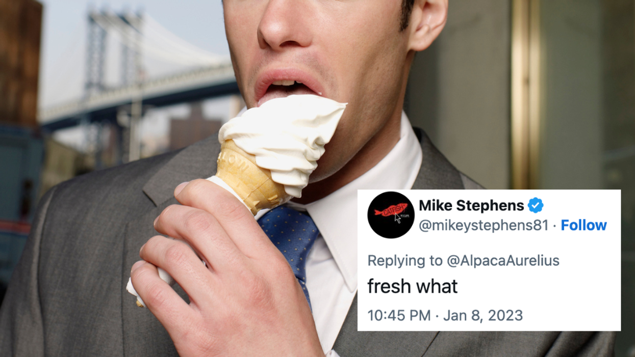 man eating ice cream; tweet overlay asking "fresh what"