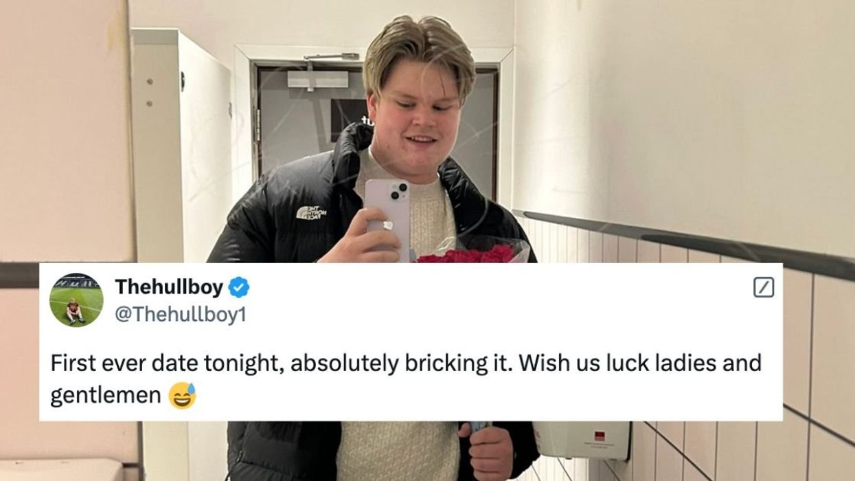 Man taking mirror selfie holding flowers; Tweet overlay from @Thehullboy1 expressing he's on his 'First ever date'